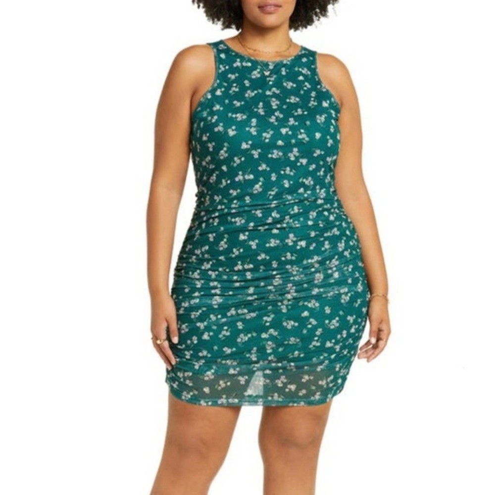 CLEARANCE NWOT BP Green Floral Ruched Bodycon Mesh Tank Dress New Plus Size 1X